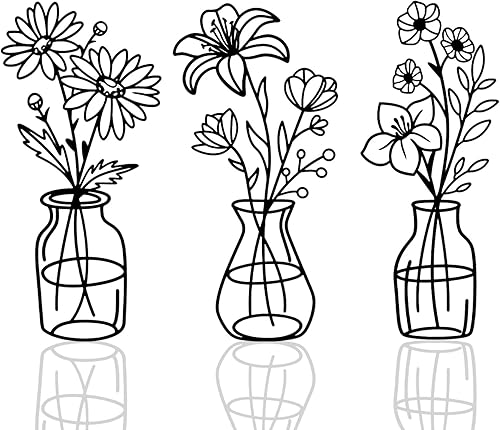 OYEFLY 3 piezas de arte de pared de flores de metal, arte de pared de jarrón de metal negro, decoración rústica de granja (negro)