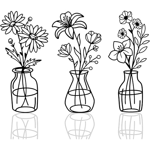 OYEFLY 3 Pieces Metal Flowers Wall Arts,Black Metal Vase Wall Art,Rustic Farmhouse Decor (Black)