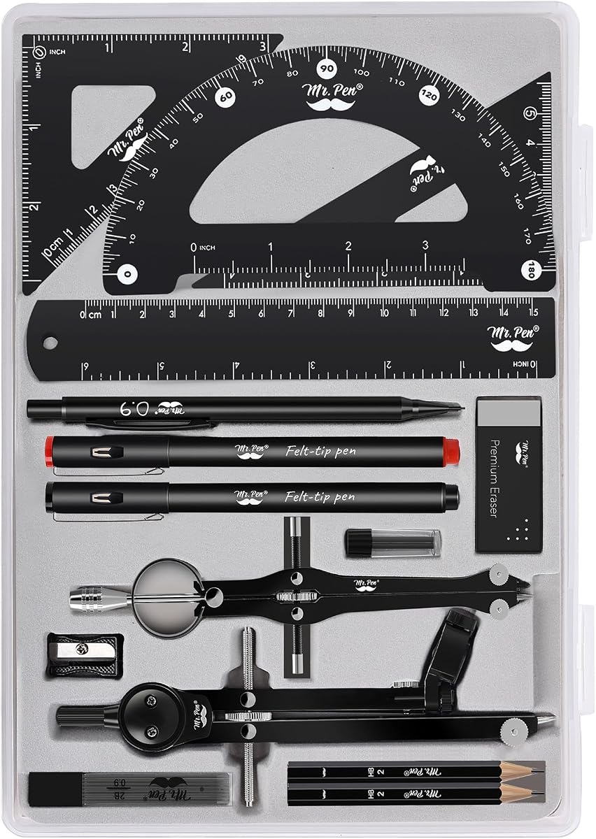 Mr. Pen- Professional Geometry Set, 15 pcs, Drafting Tools with Protractor | Compass, Metal Ruler, Triangles, Pens & Pencils, Complete Geometry & Drafting Kit for Architects, Engineers & Students