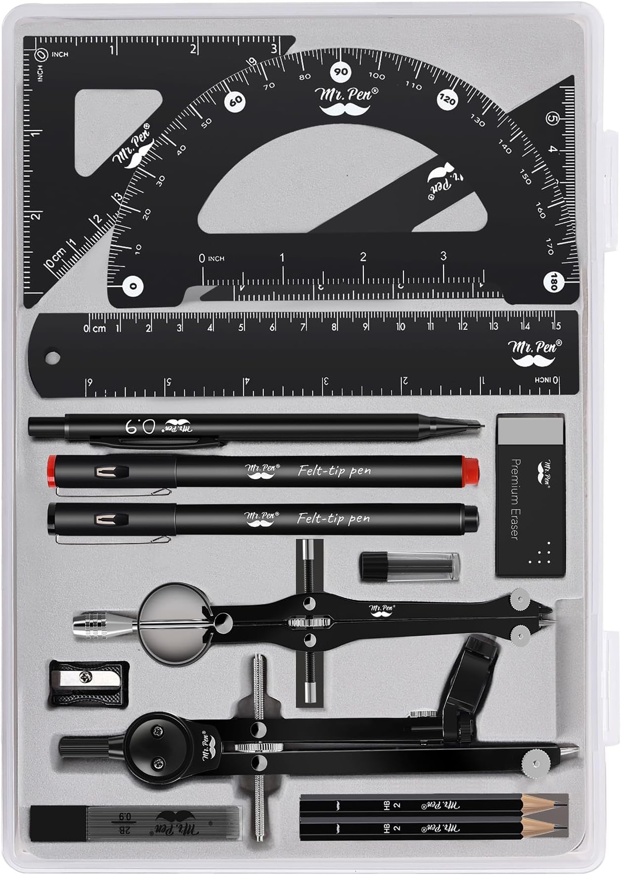 Professional Geometry Set 15 Pcs Drafting Tools With Protractor Compass ...