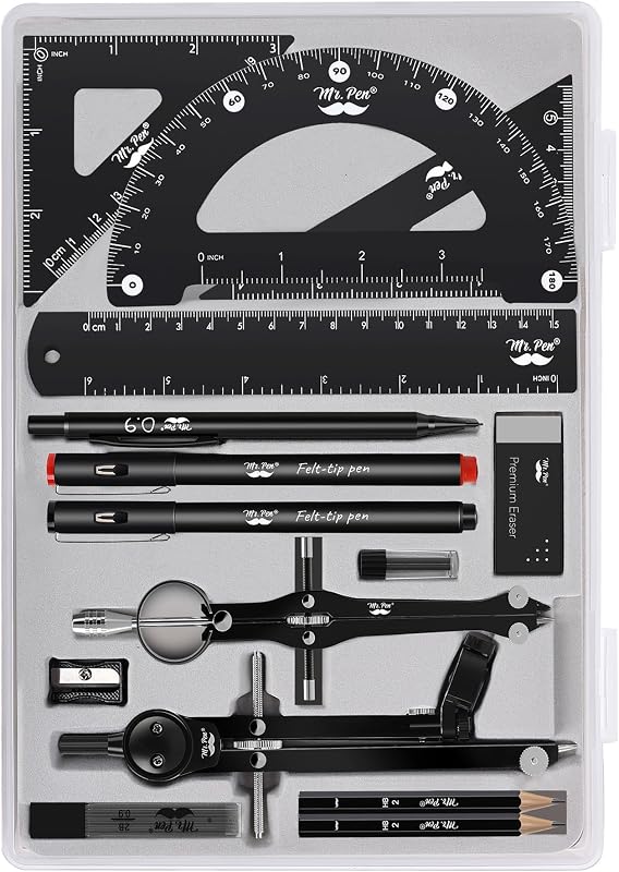 Mr. Pen- Professional Geometry Set, 15 pcs, Drafting Tools with Protractor | Compass, Metal Ruler, Triangles, Pens & Pencils, Complete Geometry & Drafting Kit for Architects, Engineers & Students