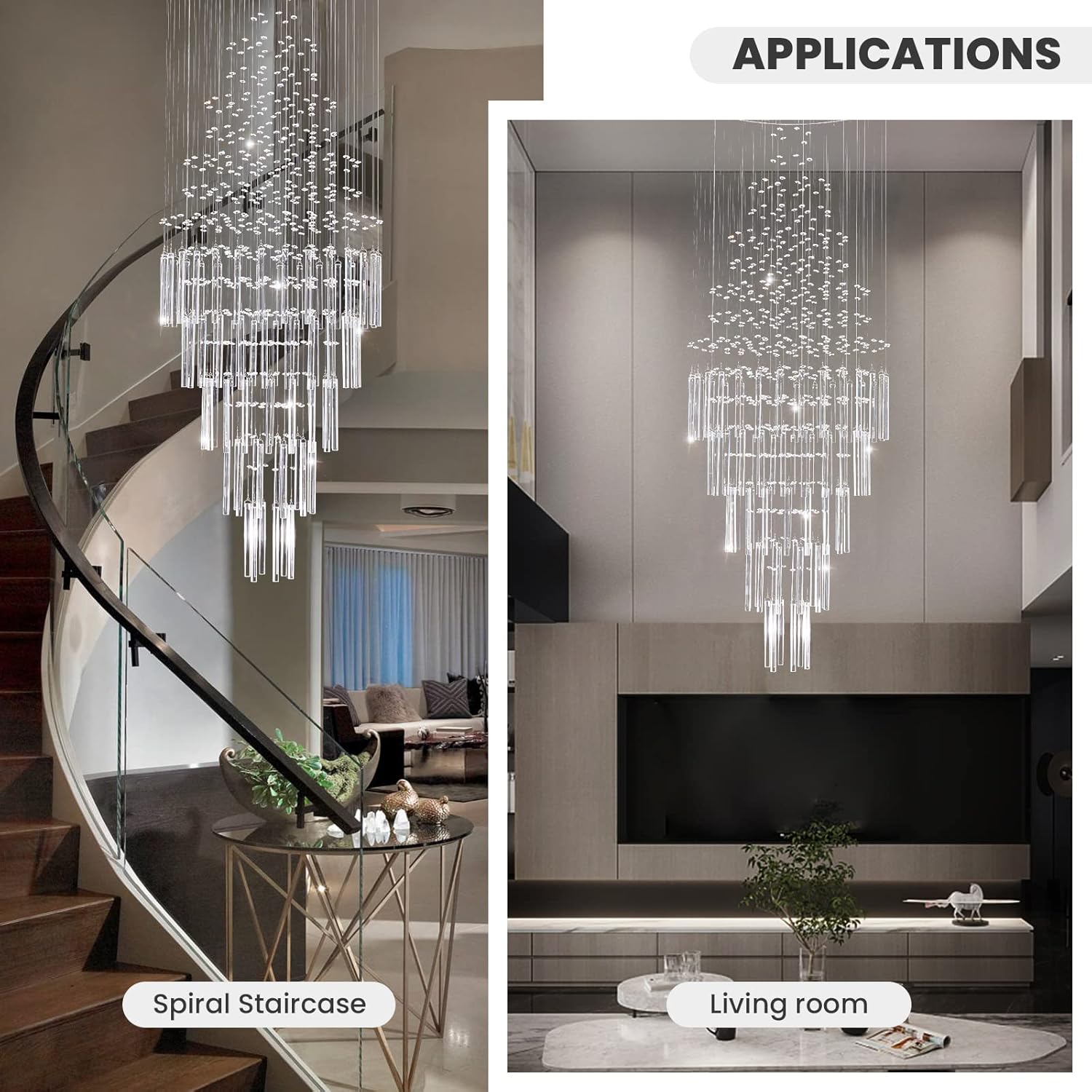 7PM W20 X H47 Modern Foyer Crystal Chandelier, 6-Lights Round LED Modern Raindrop Crystal Chandeliers Pendant Light for Hall Way Hotel Staircase Flush Mount Lighting Fixture