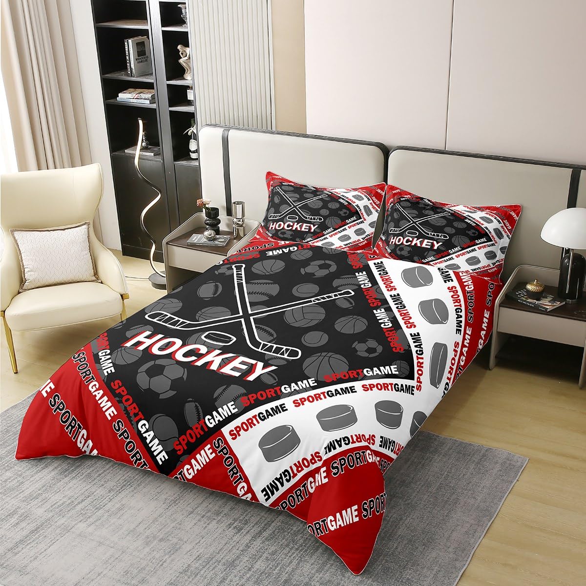 Set di biancheria da letto in 100% cotone naturale con motivo hockey su ghiaccio, rosso, nero, bianco, con palline, per bambini, ragazzi, adolescenti, adulti, stile moderno, stile sport estremi, con 1