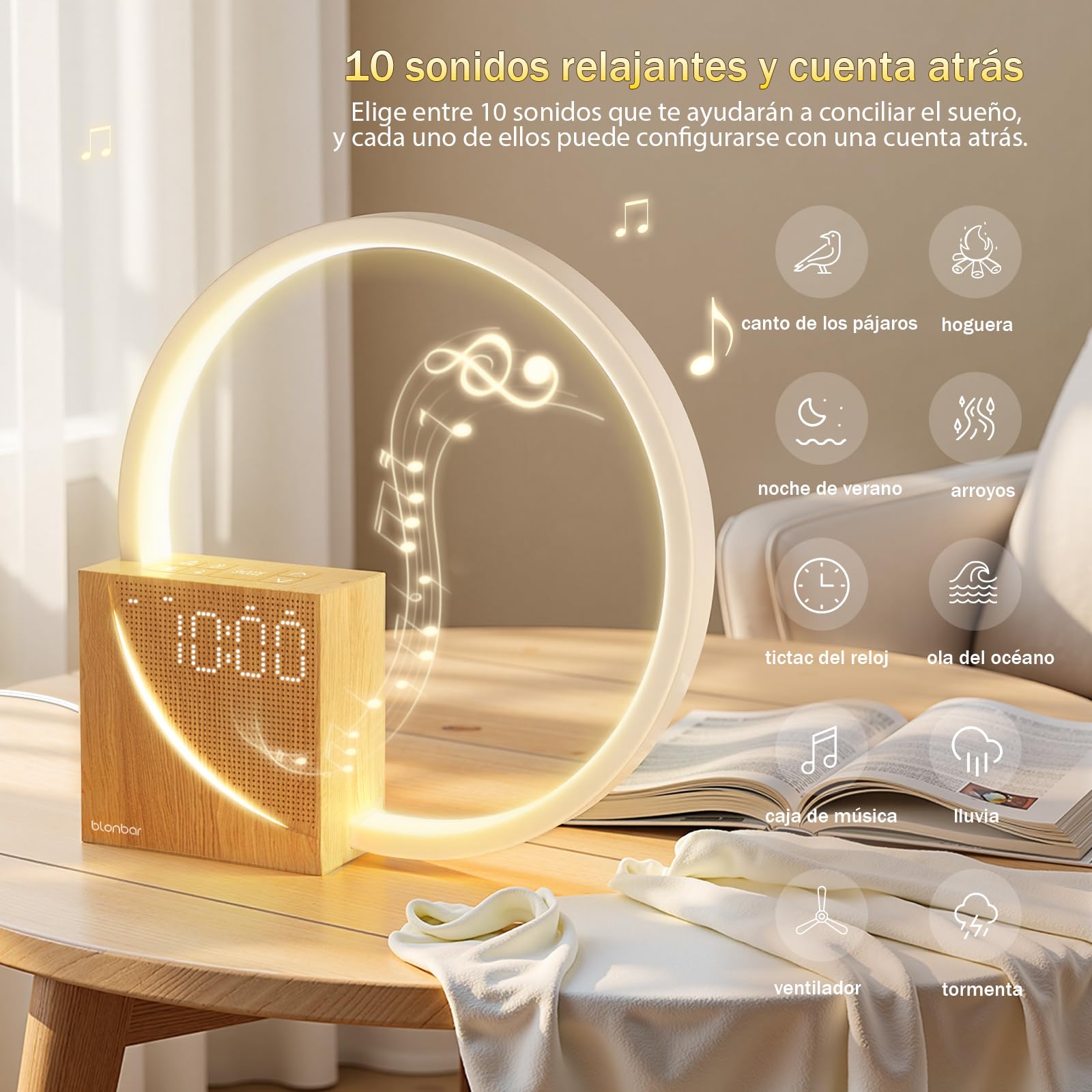 blonbar Despertador de Luz Natural de Cabecera 10W con Carga USB, Luz Nocturna Táctil de 3 Niveles de Brillo, Ayuda para el descanso de adultos y bebés