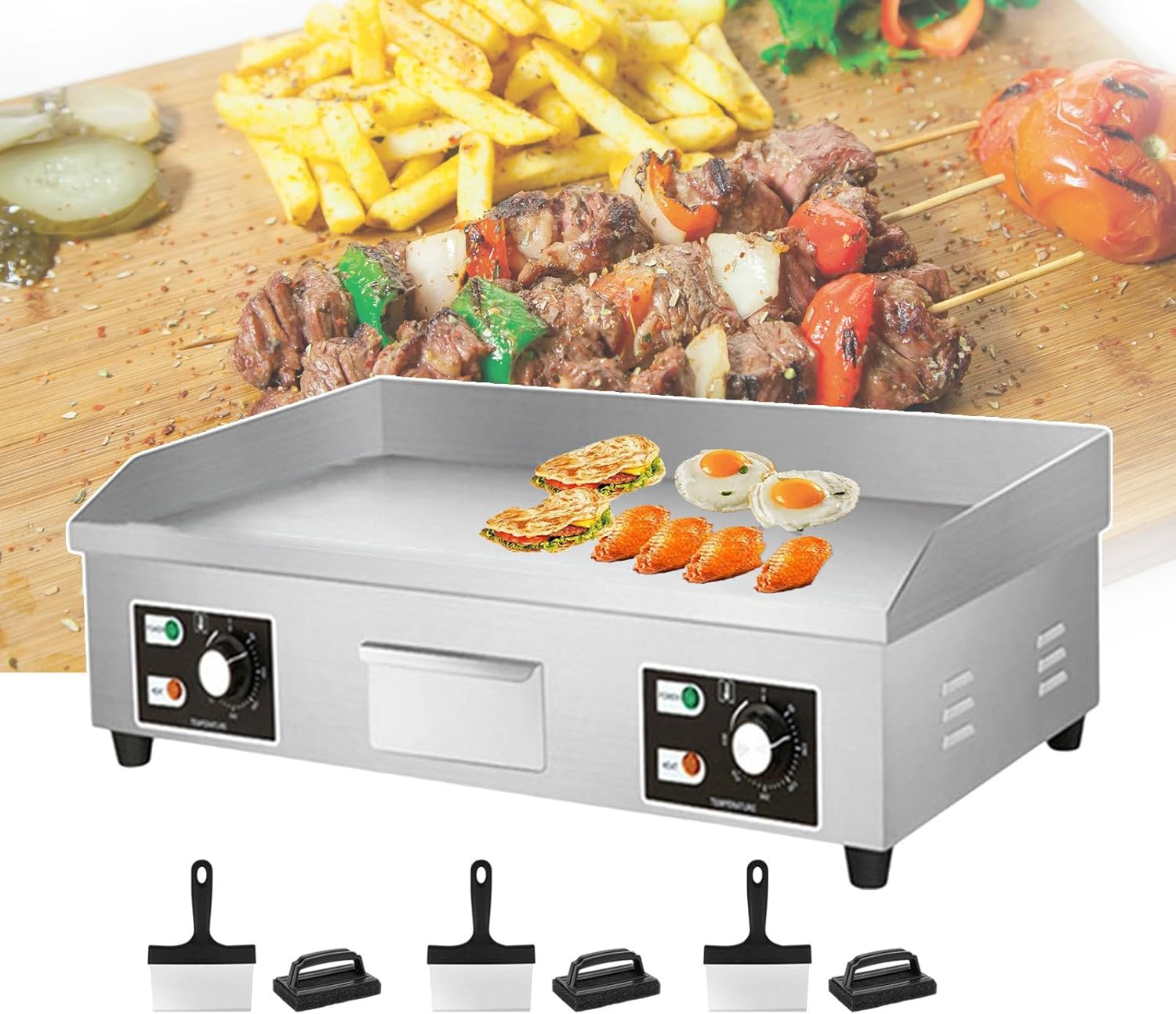 Commercial Electric Griddle and Warmer 3500W/4400W | Stainless Steel Teppanyaki Grill 50°C-300°C | Includes 3 Cleaning Shovel and 3 Cleaning Brush (4400W)