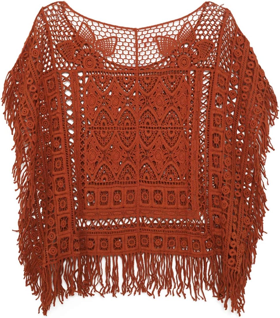 JASTIE Women Boho Hippie T-Shirt Tunic Tops Crochet Blouse Shirt Hollow Out Beach Swimsuit Cover Up