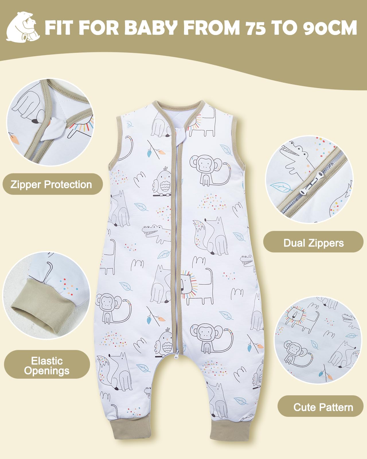 Lictin Sacco a pelo con piedi-2.5 TOG Sacco a pelo per bambini, Stampa animale, taglia: S-70 cm, altezza adatta del bambino (75-90 cm/6-18 mesi)