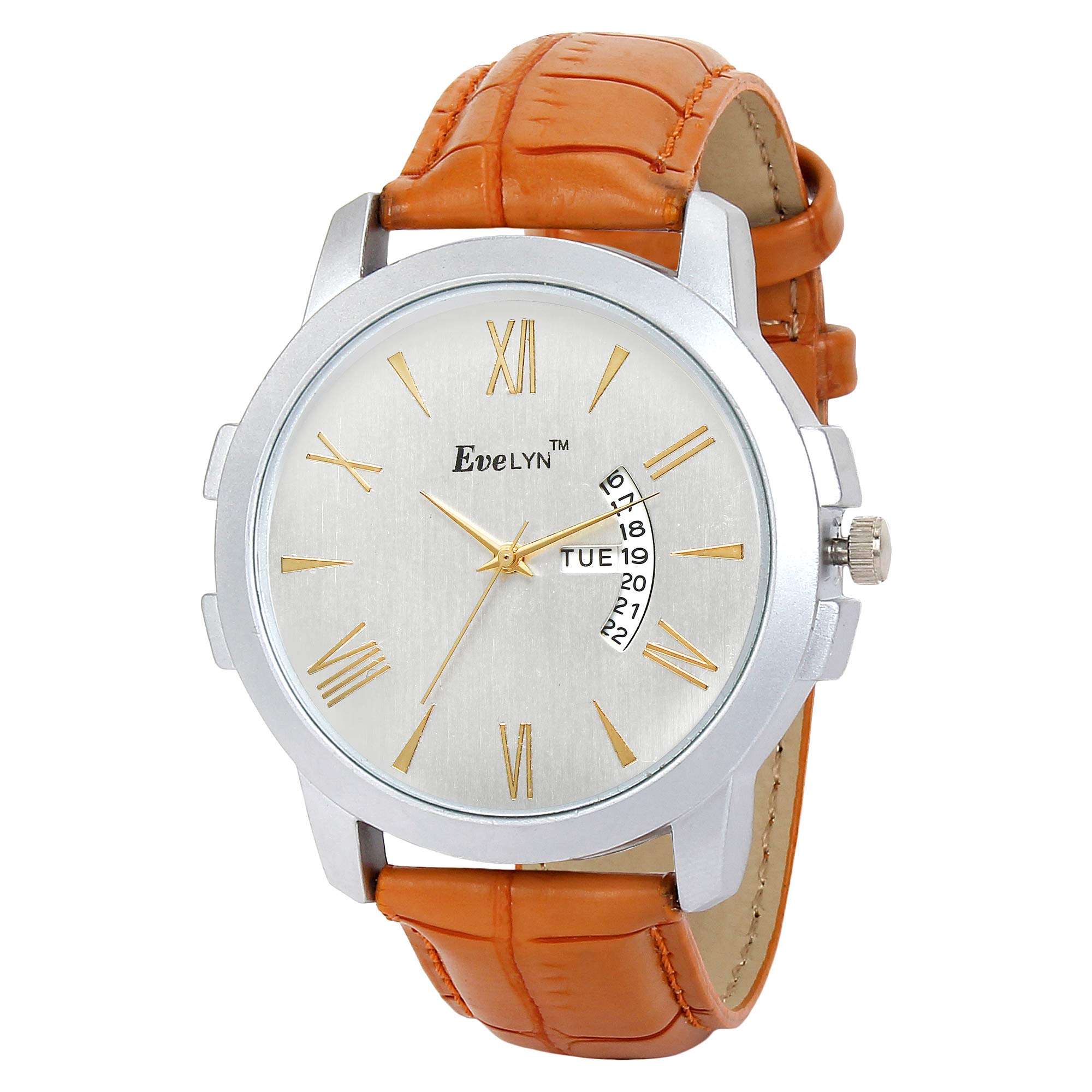 Evelyn Watch Day& Date Collection White Dial Brown Leather Strap Watch for Men and Boys Eve-746