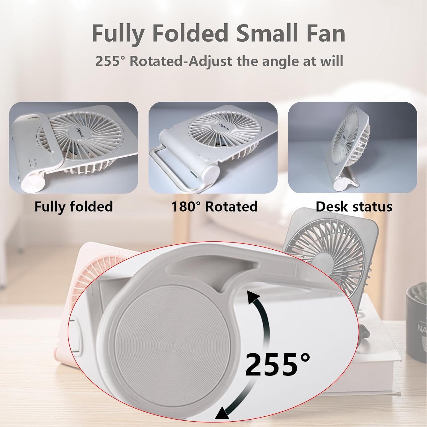 Ultra Quiet Desk Fan 3000mAh Battery Operate 225° Rotated with Hook 5in Summer Gift - Image 4