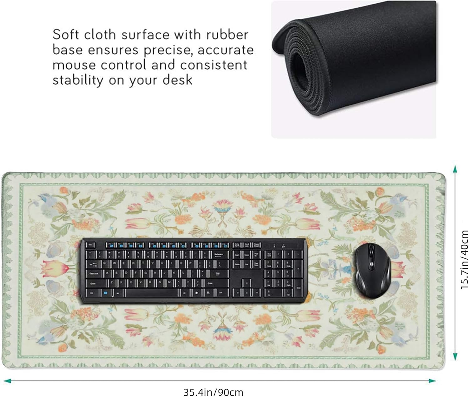 Sage Green Floral XXL Desk Mat - Cute Large Mouse Pad with Stitched Edges & Anti-Slip Base for Computer, Keyboard, Laptop | Aesthetic Office Supplies & Desk Decor for Women, Home, Office