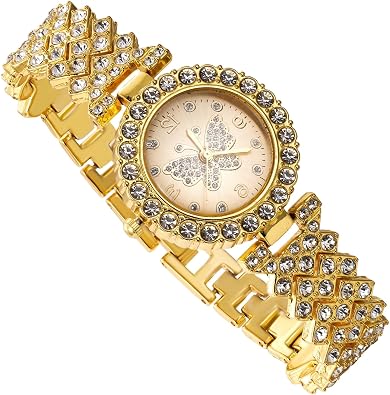 Luxury Diamond Watch for Girls Teen - Iced Out Bling 18K Real Gold/Platinum Plated - 29mm Butterfly Pattern Dial Strap 7.7" - Giftbox Included - Optional with Cuban Chain