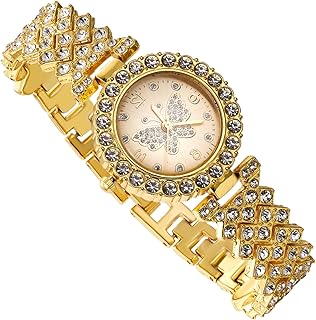 Luxury Diamond Watch for Girls Teen - Iced Out Bling 18K Real Gold/Platinum Plated - 29mm Butterfly Pattern Dial Strap 7.7" - Giftbox Included - Optional with Cuban Chain