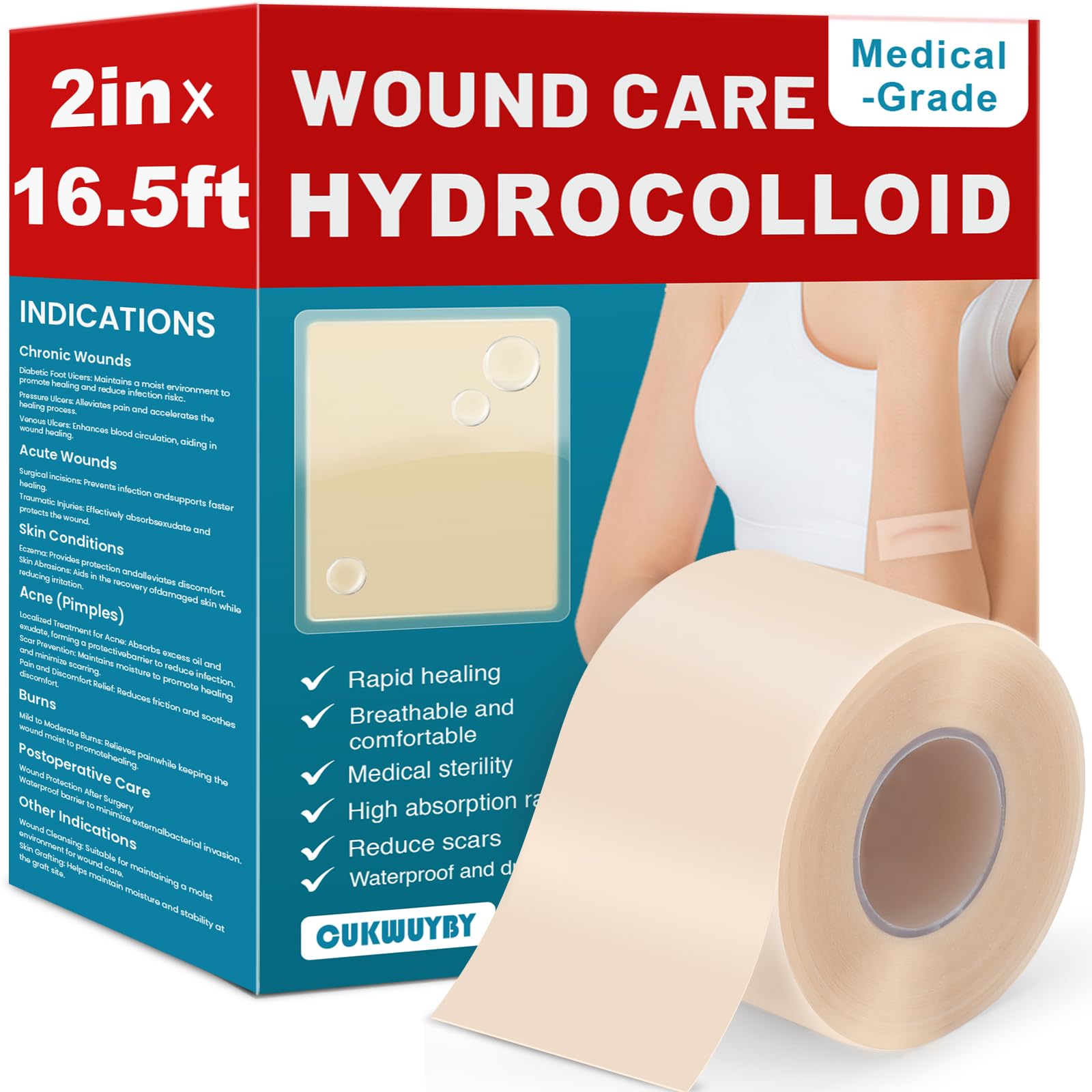 WUYUAN Hydrocolloid Roll for Wound Care, 2in*16.5ft Hydrocolloid Bandages with Self-Adhesive, Extra Large Hydrocolloid Patch Bandages Cut-to-Size, Ultra Absorbent, Waterproof