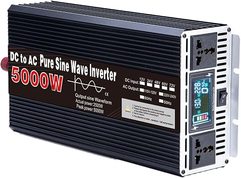 5000W Pure Sine Wave Power Inverter, 12V DC to 110V/220V AC Voltage Converter, Car Inverter for RV, Truck, Solar Off Grid with 2 AC Outputs, 12VTO110V