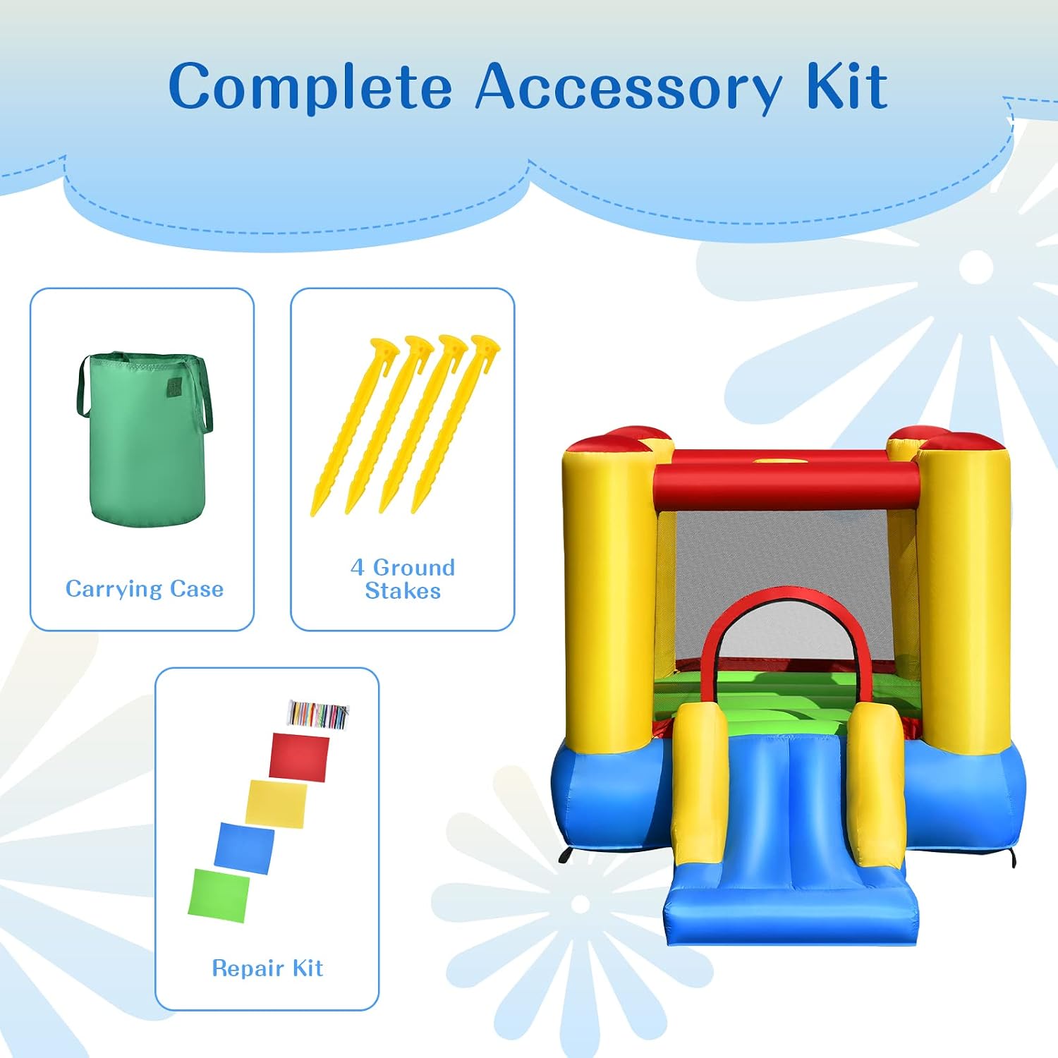 OLAKIDS Inflatable Bounce House, Jumping Castle with Slide, Bouncing Area, Polyester Mesh, Basketball Rim, Indoor Outdoor Bouncy House with Carrying Bag, Repairing Kit, Stakes