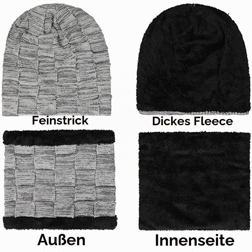 Winter Beanie Mütze Schal und Touchscreen Handschuhe Set, Strick-Thermo-Set mit Kuscheligem Fleece-Futter, Slouchy Beanie-Kappe, Nackenwärmer und Handschuhe für Damen und Herren