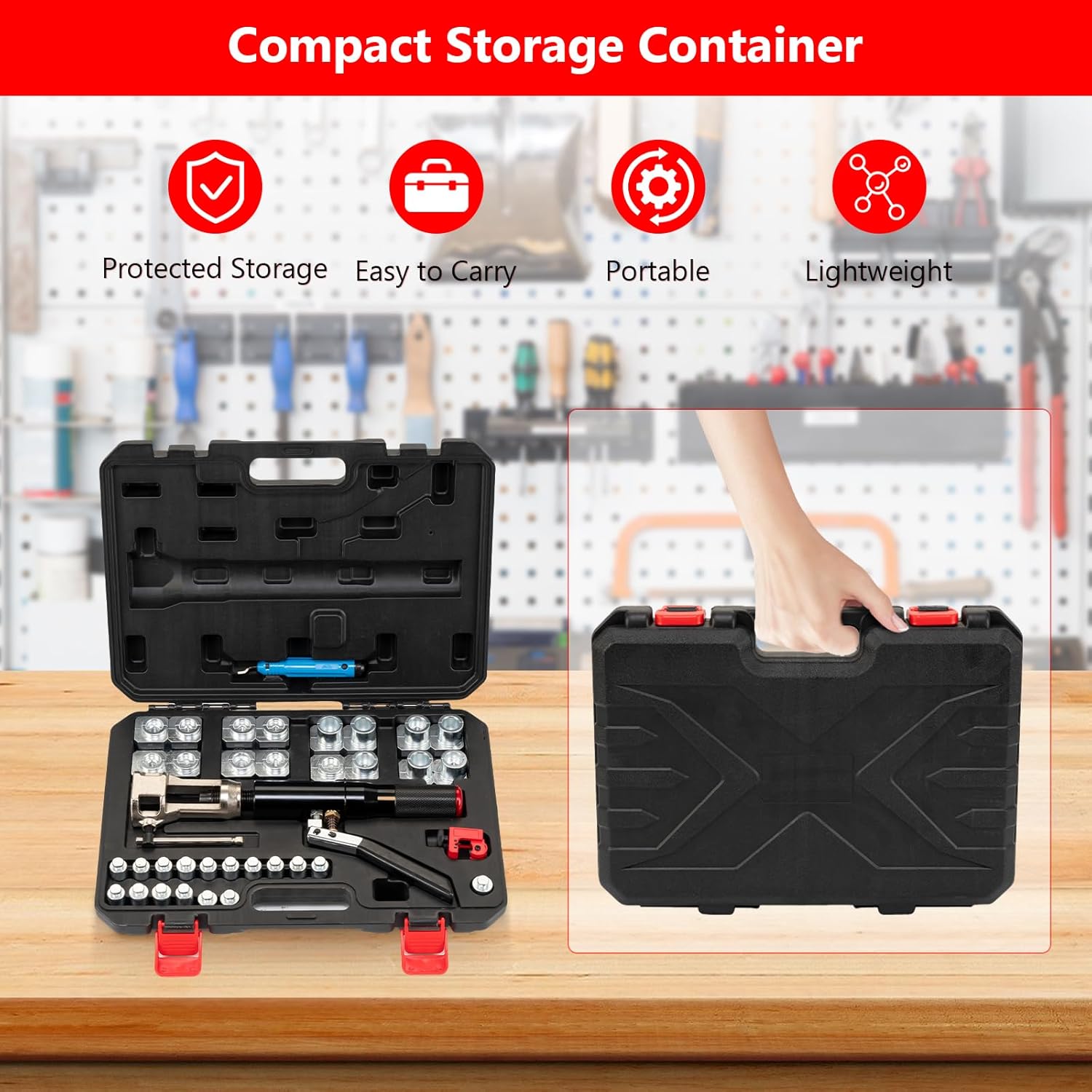 Hydraulic Flaring Tool Kits, 45° Double Flaring Tools, 33PCS Flaring Dies, Brake Repair Brake Flaring Tool for 3/16"-1/2", with Tube Cutter and Deburrer, for Copper Line, Steel Pipe Automotive Repair
