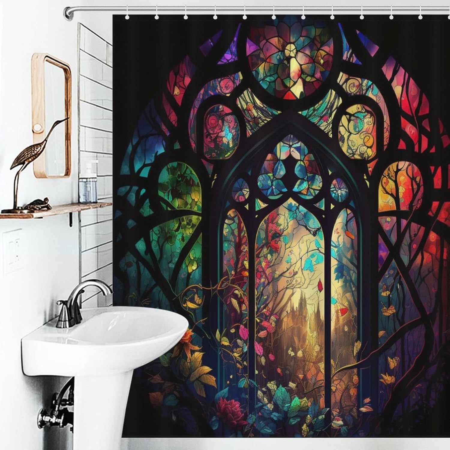 Castle Shower Curtain, Arched Door Through Fairy Tale Forest, Colourful Stained Windows Circle Scenery Polyester Waterproof Cloth Bathroom Curtain with 12 Hooks 60x72Inch（152x183cm）
