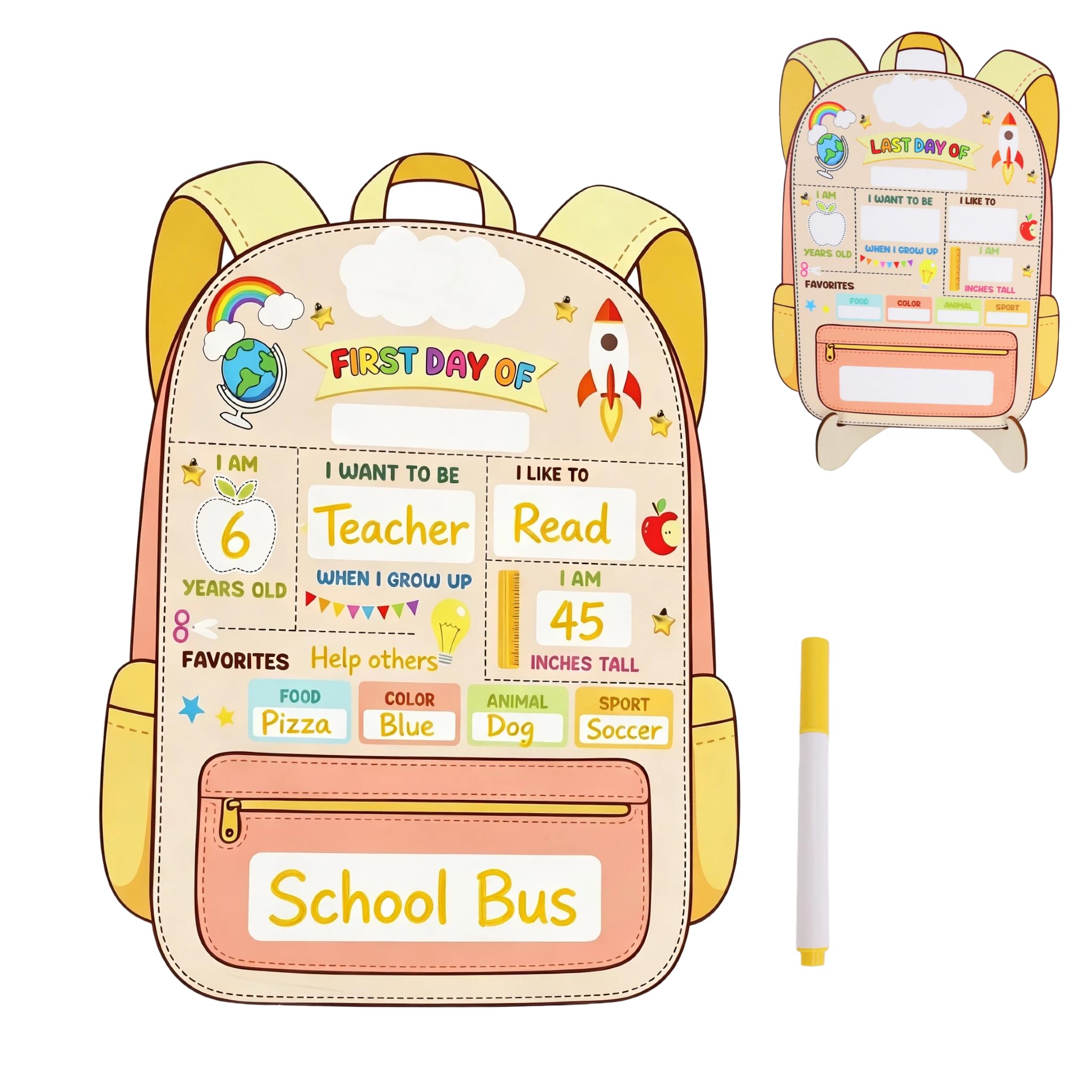 First Day of School Board, Back to School Supplies Set: Double-Sided Chalk Board and Yellow Chalkboard Pen, Lsat Day of School Board, First Day of School Sign for Nursery, Preschool and Primary School