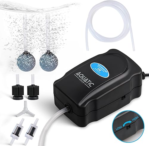 Bomba de aire silenciosa para acuario, salida única con válvula ajustable, incluye 2 piedras de aire, filtros de esponja, válvulas de retención y