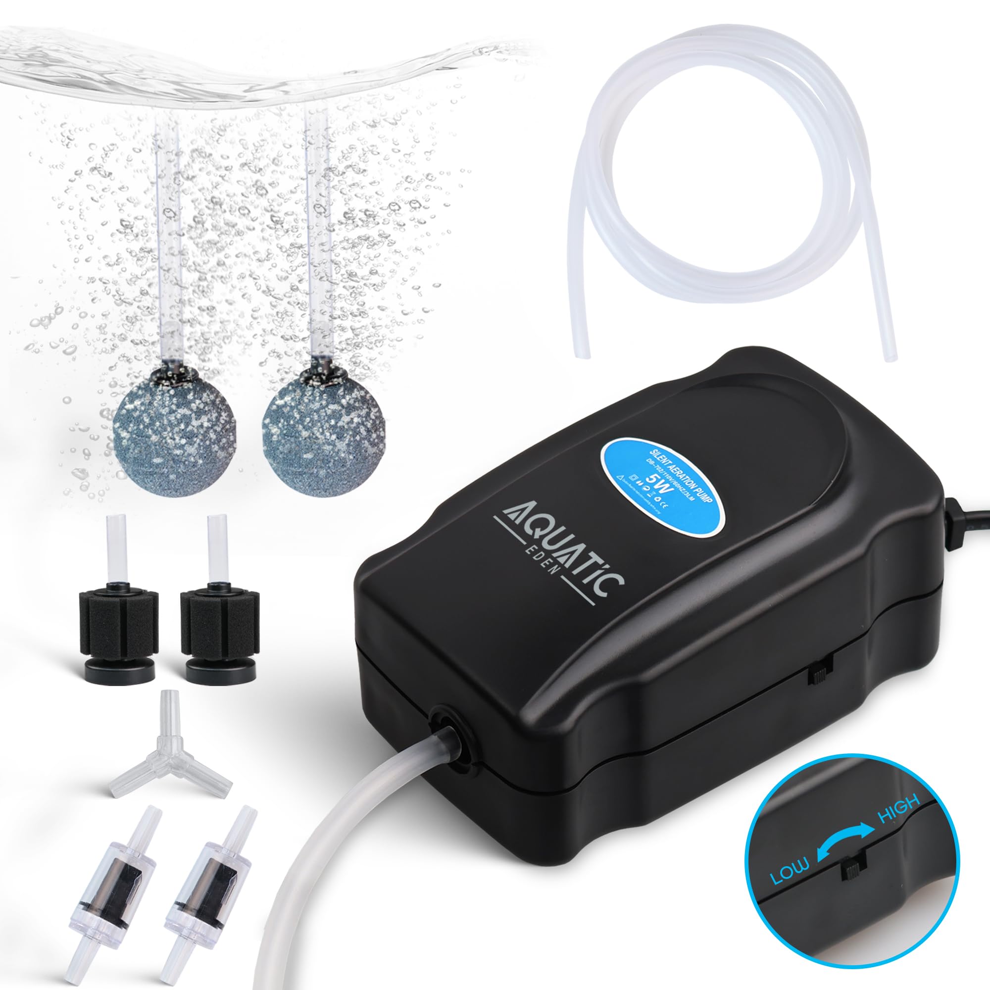 Quiet Aquarium Air Pump - Single Outlet with Adjustable Valve - Includes 2 Air Stones, Sponge Filters, Check Valves & Accessories - Fish Tank Air Pump for Small to Medium Aquariums (10-50 Gallons)