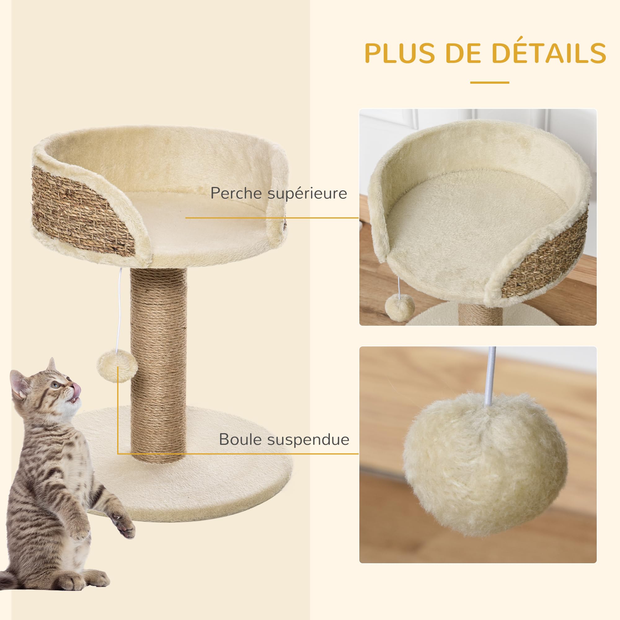 PawHut Arbre à Chat Arbre à Grimper grattoir Design Jeu Pompon Suspendu + Plateforme Peluche - 40 x 40 x 49 cm - Jute café