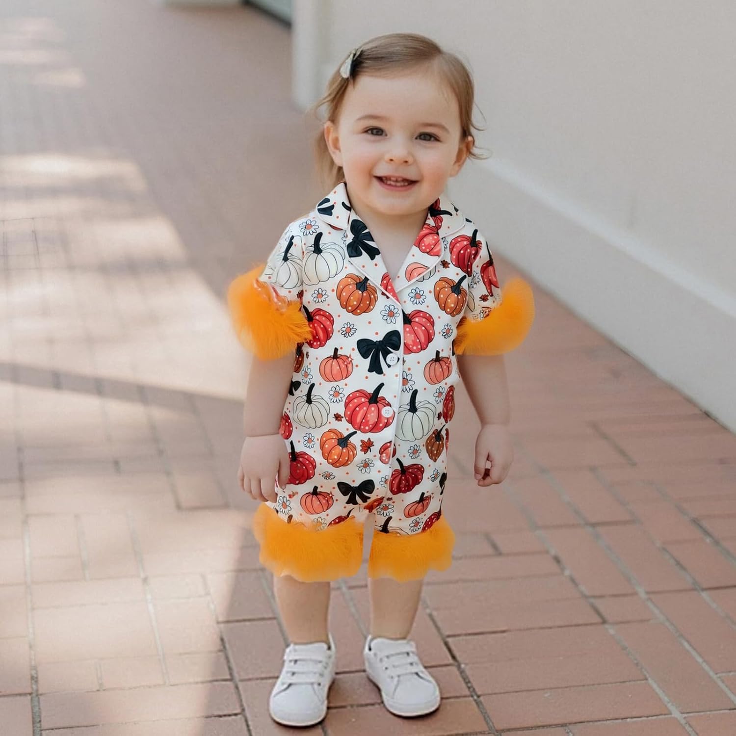 fyclemt Toddler Halloween Pajamas Baby Girl Pajamas Pumpkin Feather Trim Sleeve Jumpsuit Romper Satin Nightgown Pjs Sleepwear