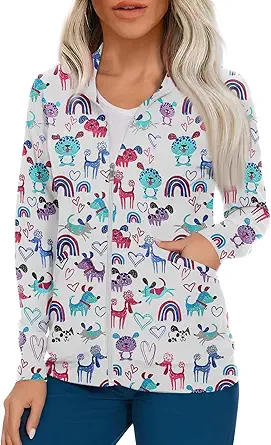 Scrub Jackets for Woman Zip Up Long Sleeve Tops Print Plus Size Womens Scrubs for Women Nursing Shirts with Pockets
