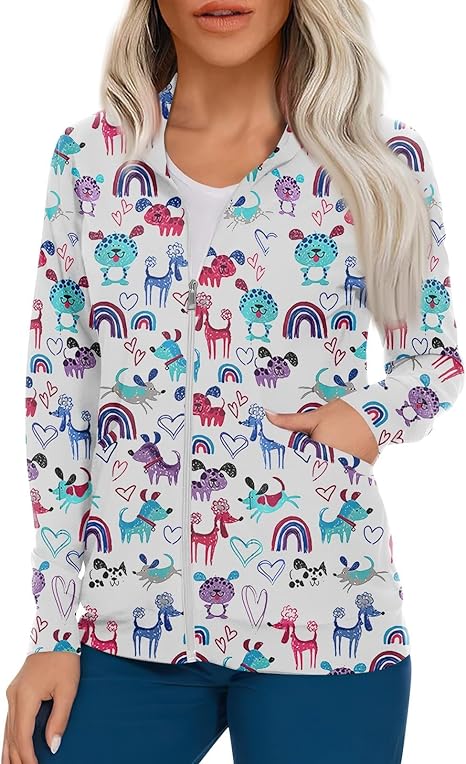 Scrub Jackets for Woman Zip Up Long Sleeve Tops Print Plus Size Womens Scrubs for Women Nursing Shirts with Pockets