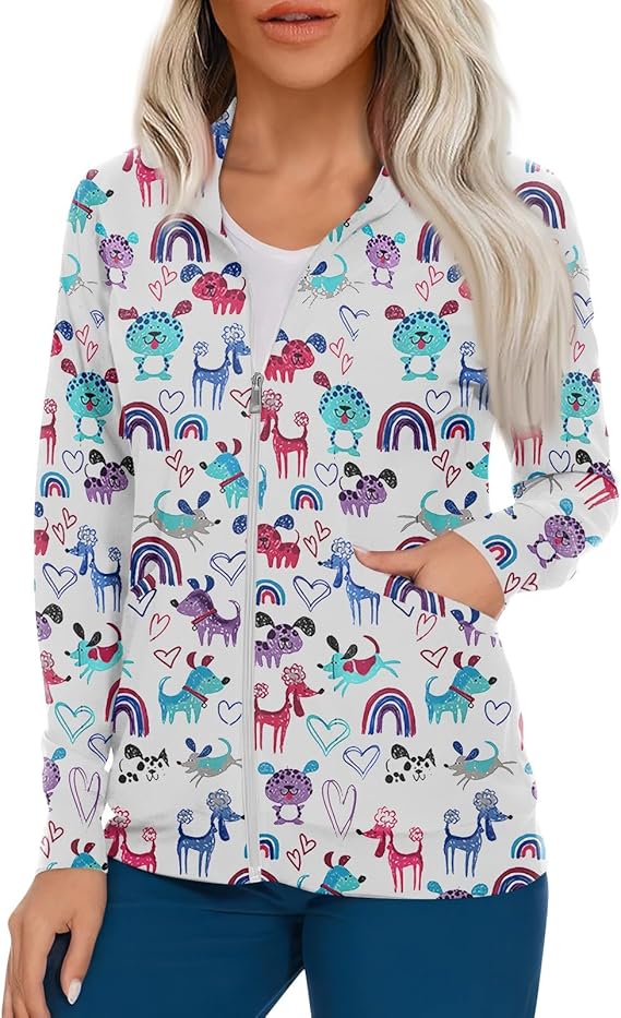 Scrub Jackets for Woman Zip Up Long Sleeve Tops Print Plus Size Womens Scrubs for Women Nursing Shirts with Pockets