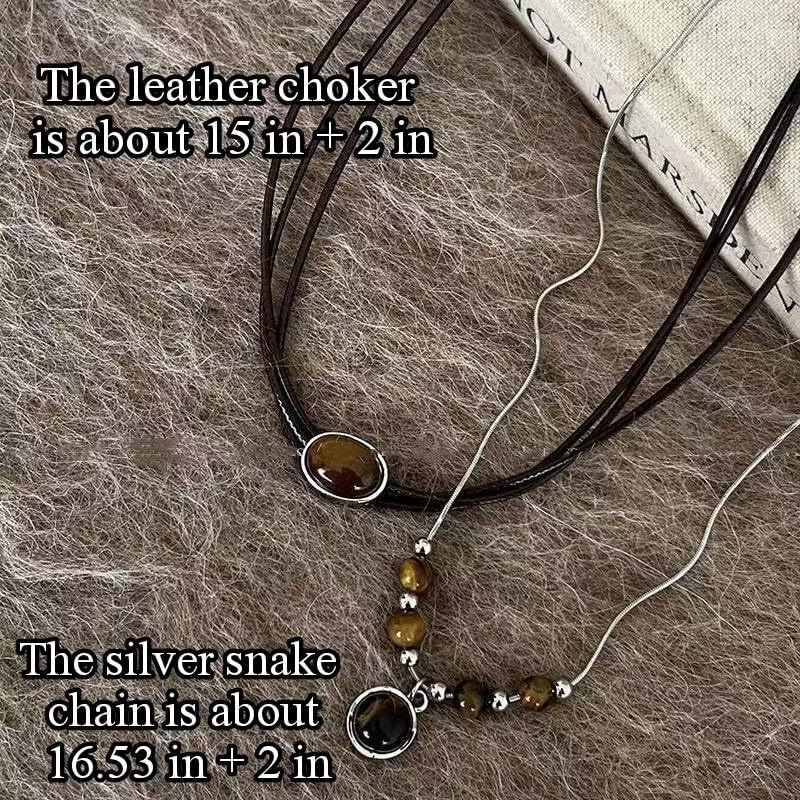 Tiger Eye Necklace, Leather Necklace for Women, Choker Necklaces for Women, Boho Necklace, 2 pcs Western Necklace for Cowgirl Jewelry - Image 7