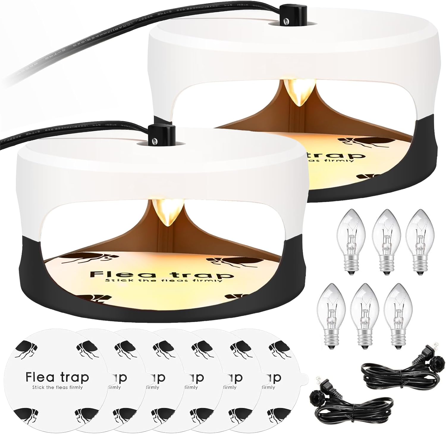 Flea Traps for Inside Your Home, 2 Pack Indoor Insect Trap with 6 Sticky Pads & 6 Light Bulbs, Pet Child Safe Non-Toxic Flea Killer, Natural Home Insect Infestation Treatment