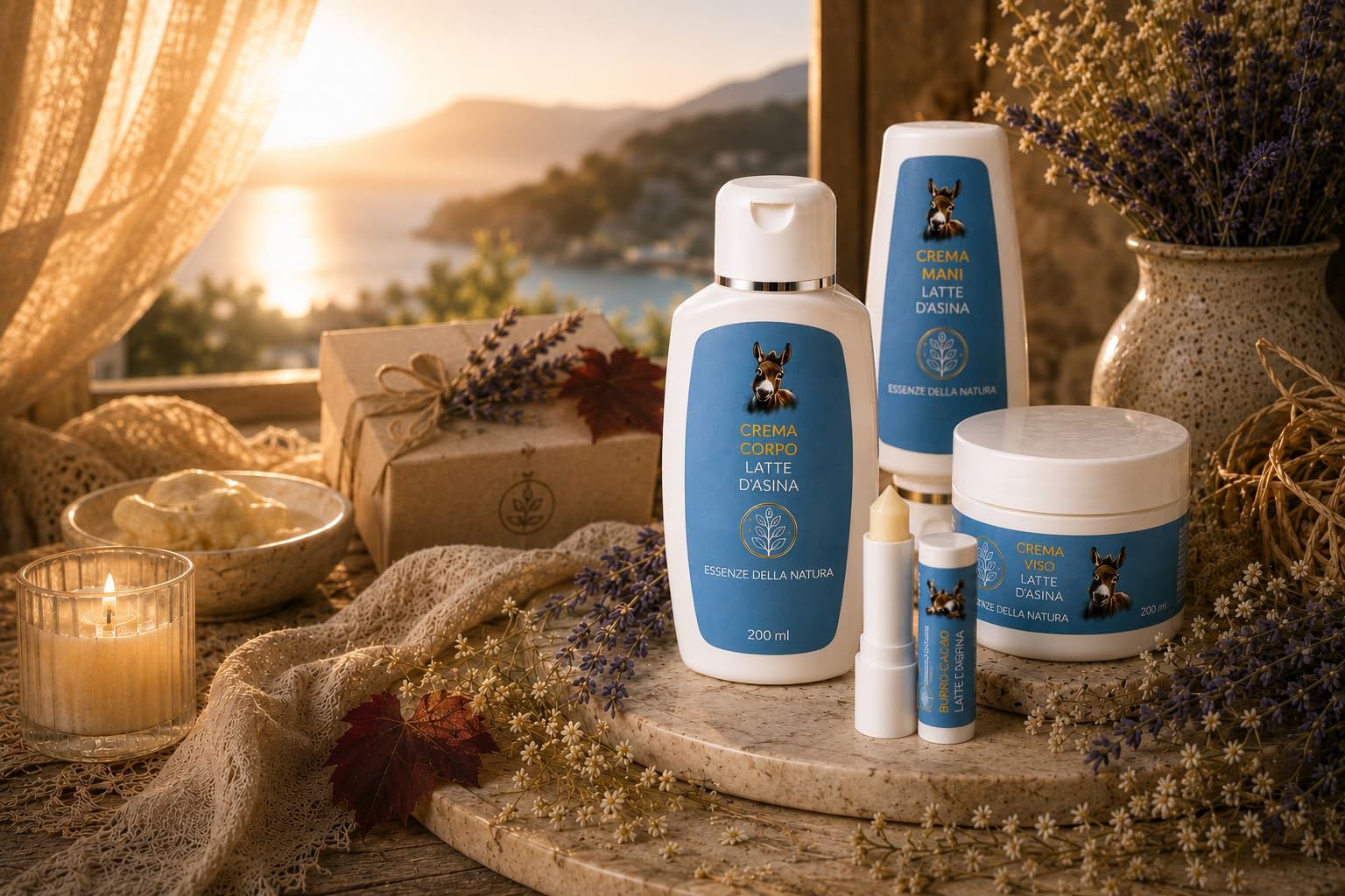Cofanetto Box Regalo Creme Idratanti Artigianali Naturali al latte d'Asina - Crema Viso, Crema Corpo, Crema Mani e Stick Labbra - Set completo di prodotti per la cura delle pelle - Made in Italy