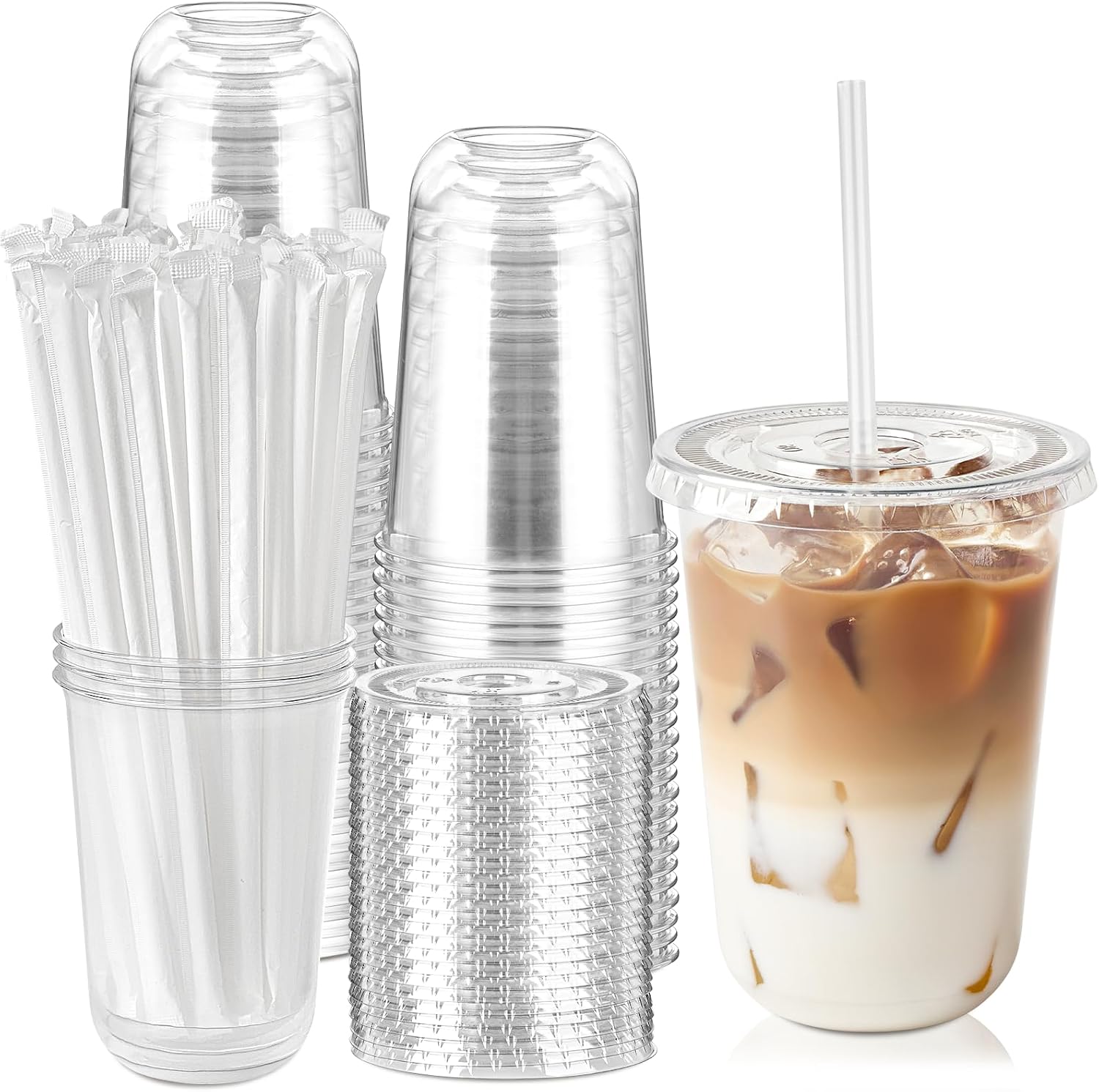 Soelomu 50 Sets 16oz Round Bottom Plastic Cups with Lids and Straws | To Go Iced Coffee Cups, Cold Drink Cups, Clear, Disposable, For Smoothie Juice Milkshakes