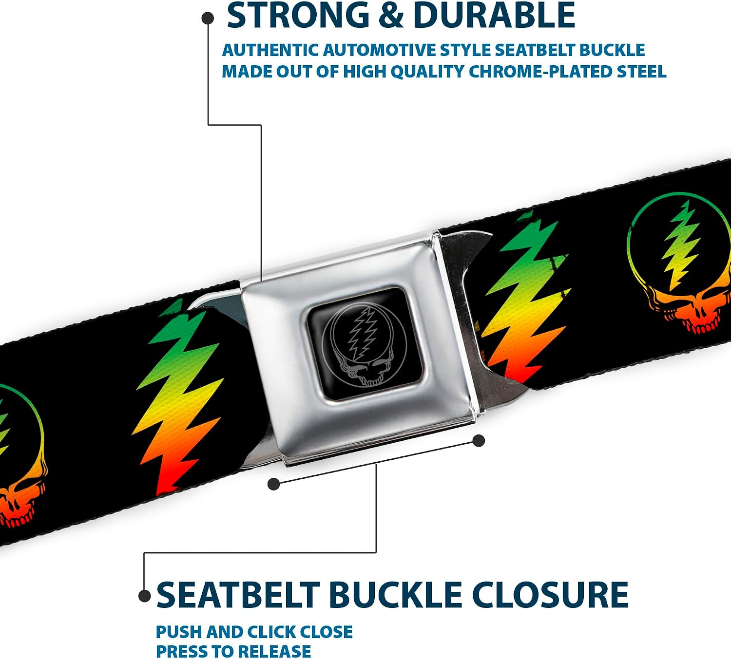Buckle-Down Seatbelt Belt - Steal Your Face w/Lightning Bolt Repeat Black/Rasta