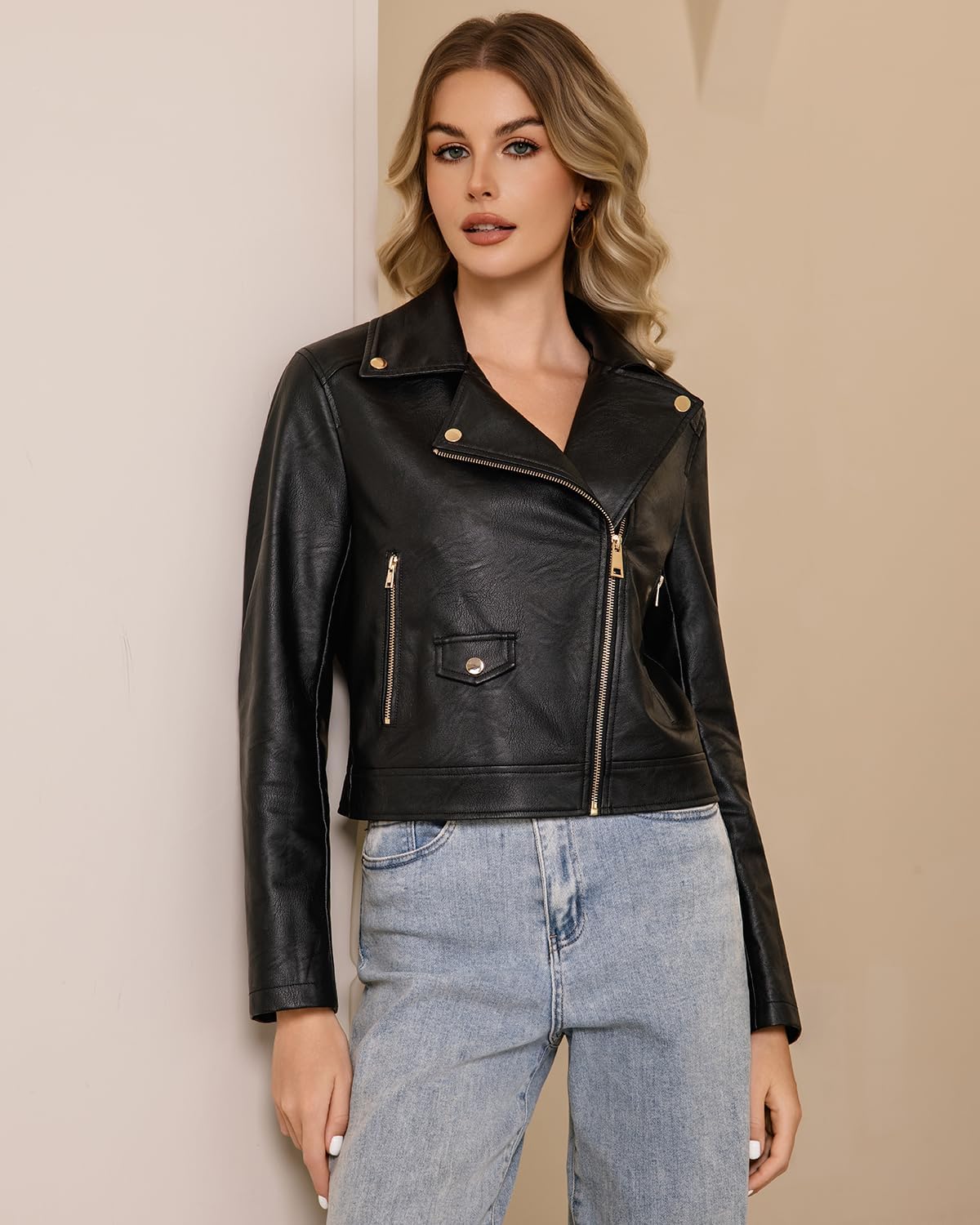 Faux Leather Jacket For Women PU Cropped Moto Biker Coat Zip Up Slim Motorcycle Jacket - Image 5