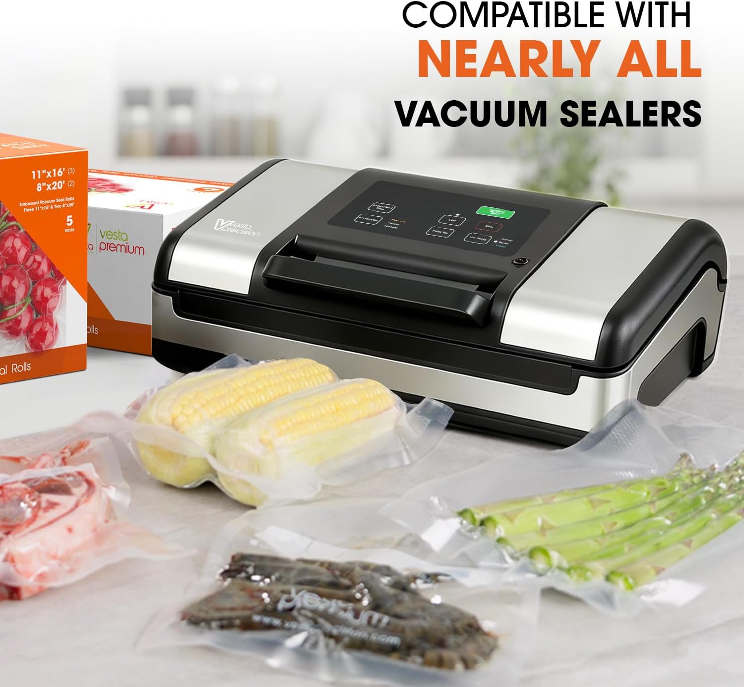 Vesta Precision 5 Mil Thicken Vacuum Sealer Bags Rolls, 3 Rolls 11" x 16' & 2 Rolls 8" x 20', Commercial Grade Puncture Resistant for Food Storage, Freezer, Meal Prep & Sous Vide, BPA Free
