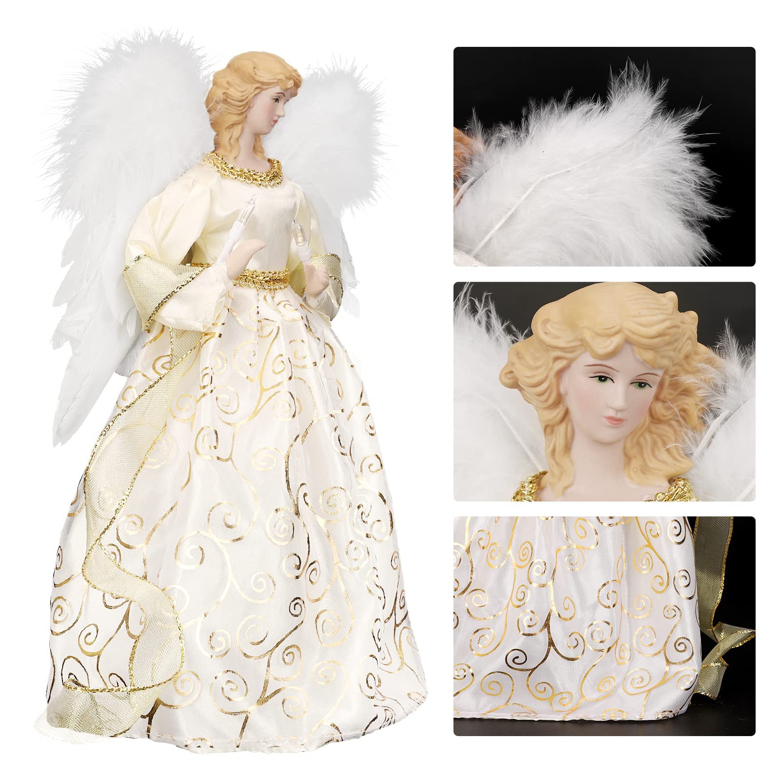 HOHOTIME 12'' Angel Tree Topper with White Feather Wings and Gold Skirt, Christmas Tree Topper with LED Light for Tree Toppers Holiday Ornament Decorations, Gold