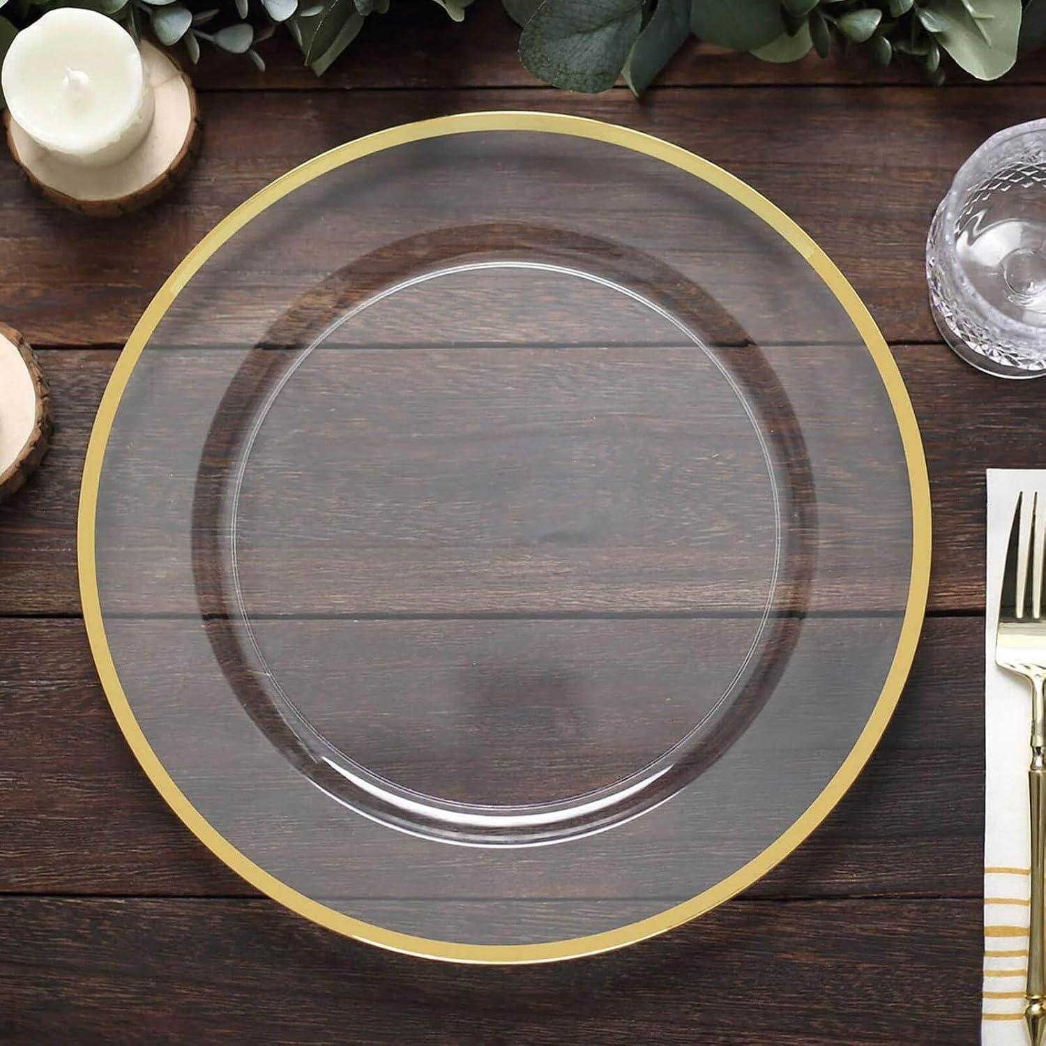 Efavormart 10-Pack 12" Clear Plastic Charger Plates with Gold Rim, Round Heavy-Duty Dinner Serving Plates for Traditional Weddings and Formal Banquets