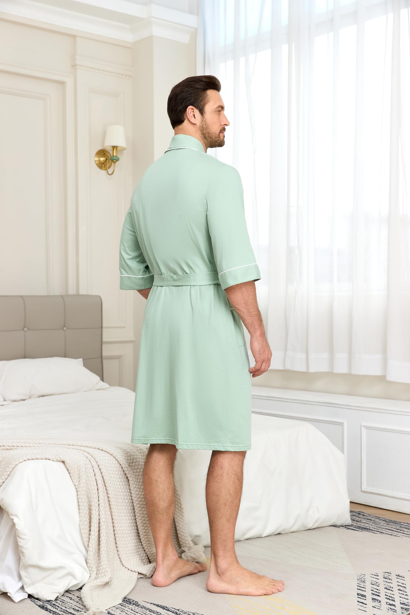EA'S SECRET 100% Baumwolle Herren Leichte Bademantel Sommer 3/4-Ärmel Kimono Baderobe Weiches Knielang Sauna-Robe mit Taschen