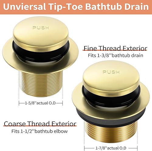 Miniatura 2 de Juego de desagües dorados para bañera con punta de desagüe con placa frontal de desbordamiento de dos agujeros, kit de drenaje de conversión de