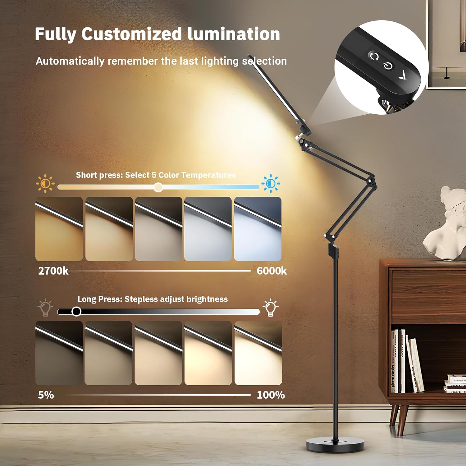 Diagram showing touch control for color temperature and stepless brightness adjustment