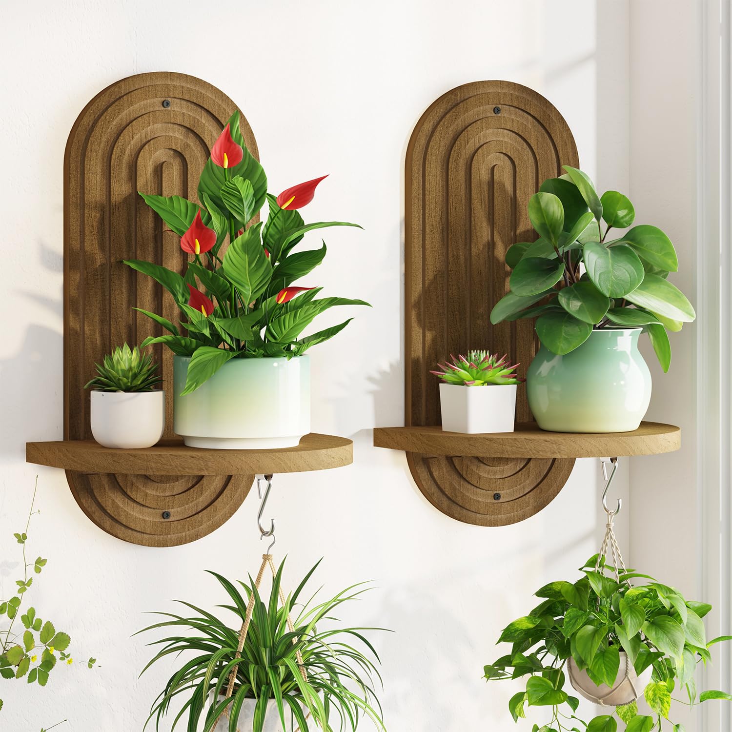 LASZOLA Wall Plant Shelf Floating Holder Hanger Indoor, Boho Wooden Brown