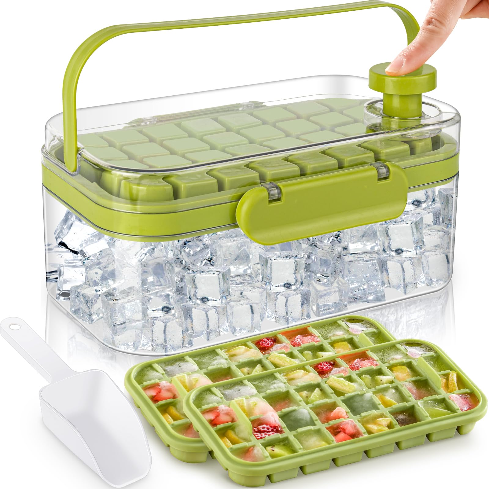 Ice Cube Tray With Lid And Bin, 64 Pcs Ice Maker For Freezer, One