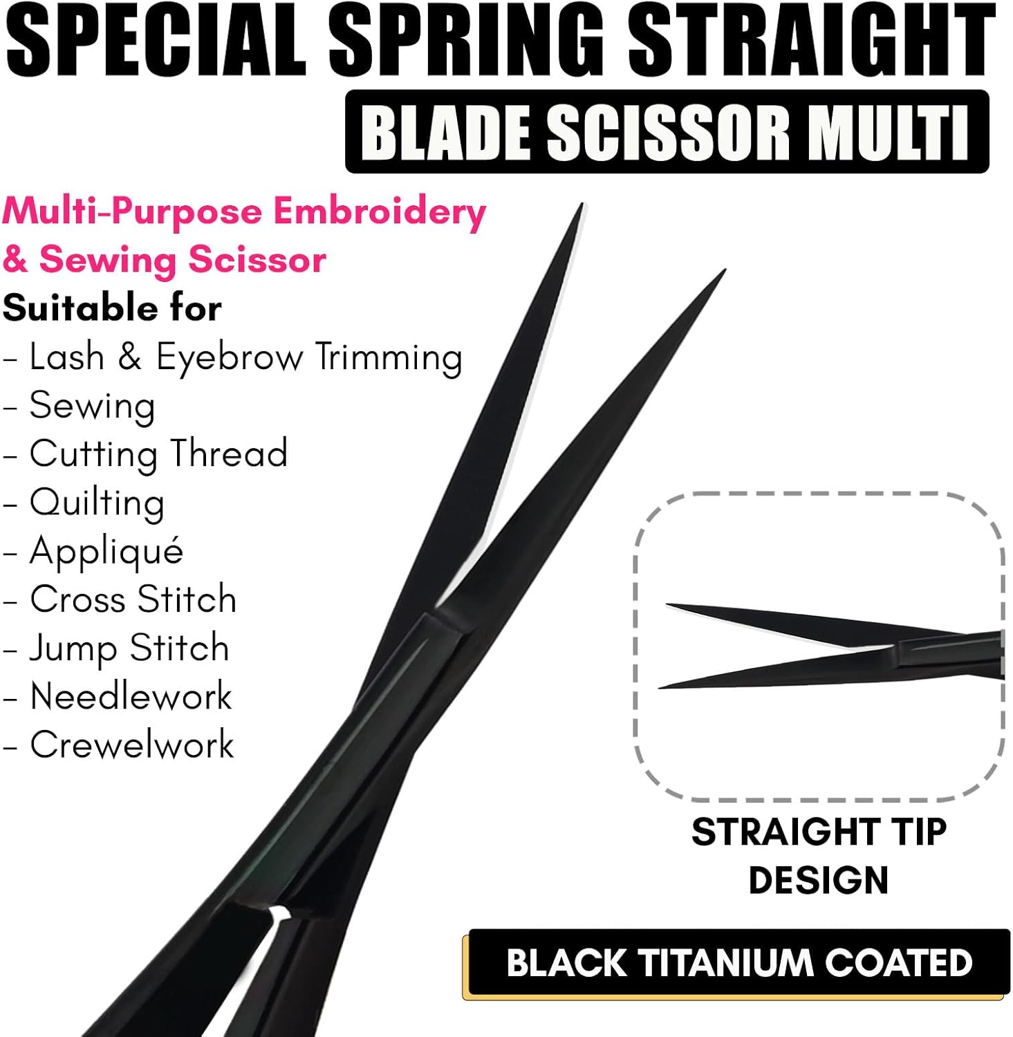 Cross Edge Spring Scissors 5 Inch straight Stainless Steel Precision Eyebrow & Eyelash Shaping & Trimming Scissor, Snips Squeeze, Embroidery, Knitting Micro Tip Craft Scissors (Black) image 3