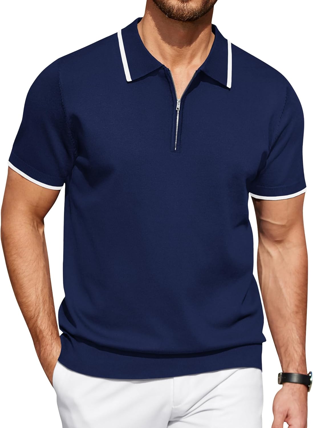 COOFANDY Men's Zipper Polo Shirt Casual Knit Short Sleeve Polo T Shirt Classic Fit Shirts