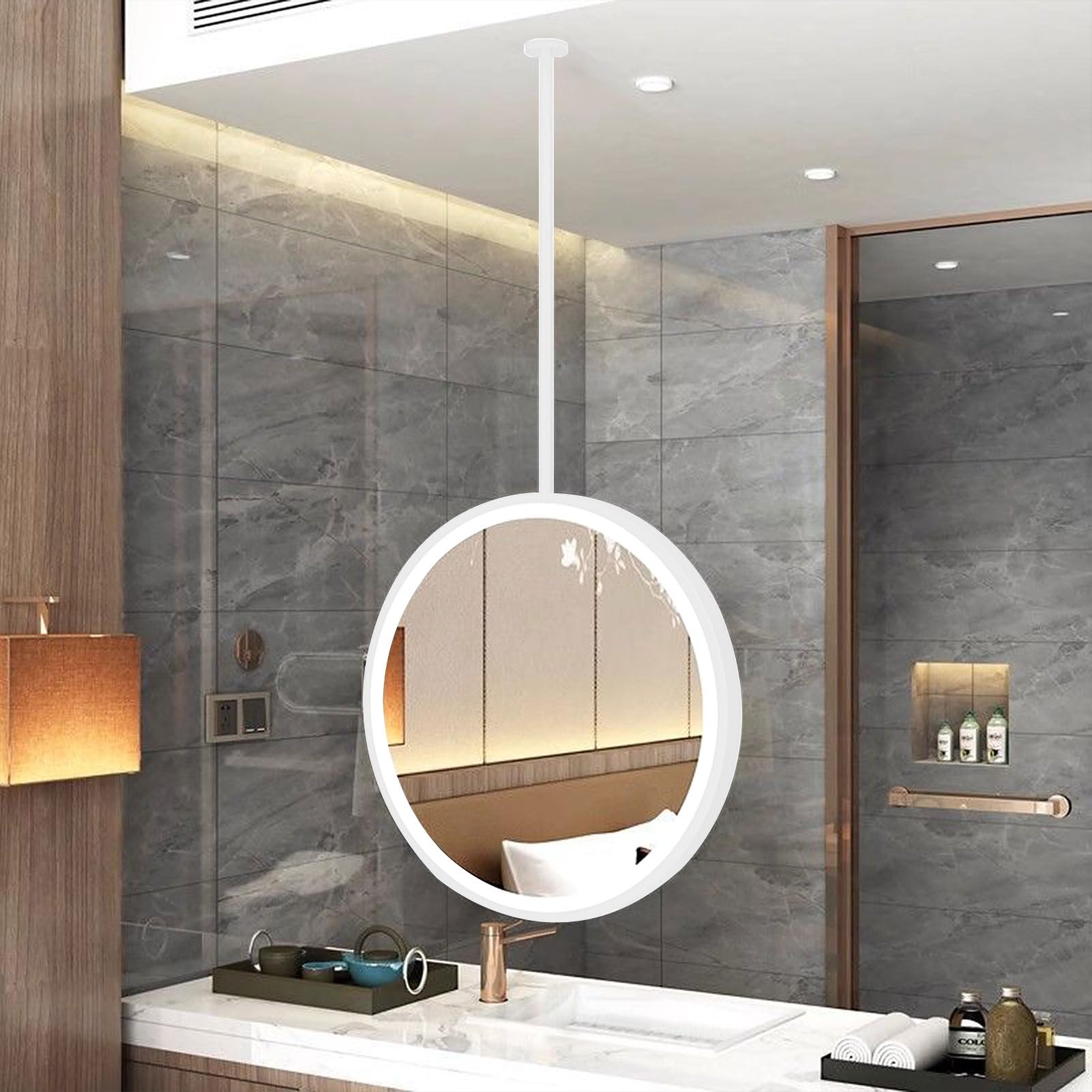 Miroir suspendu de salle de bain à cadre en métal blanc et éclairage LED