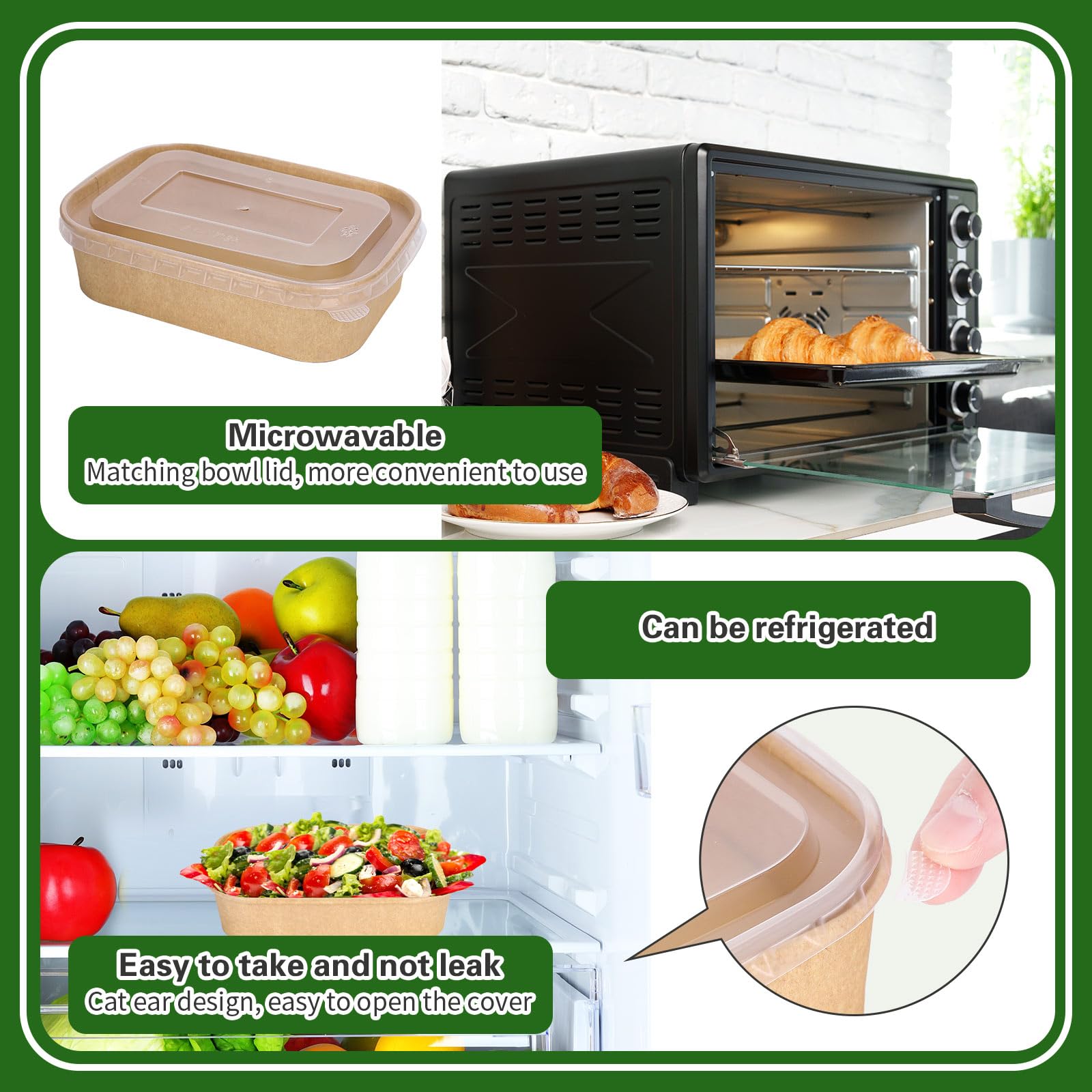 FYSUIMU 100 cuencos desechables de papel kraft de 17 onzas con tapas, recipientes rectangulares para alimentos, ensaladas para el hogar, restaurante, camping, bebidas frías y calientes