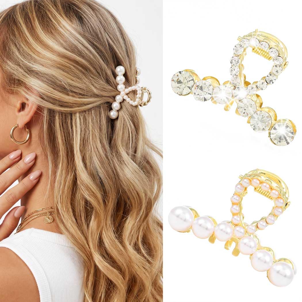 BARTOSI Pearl Claw Clips Small Gold Hair Clips Rhinestone Hair Claw Clips Sparkly Hair Accessories for Women and Girls (Pack of 2)