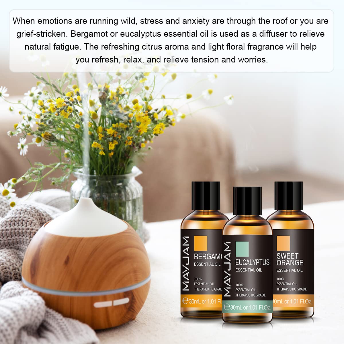MAYJAM Set di Oli Essenziali 3 * 30ml Bergamotto Eucalipto Arancio Dolce, Set Regalo Di Oli Essenziali Per Aromaterapia Per Diffusore, Umidificatore
